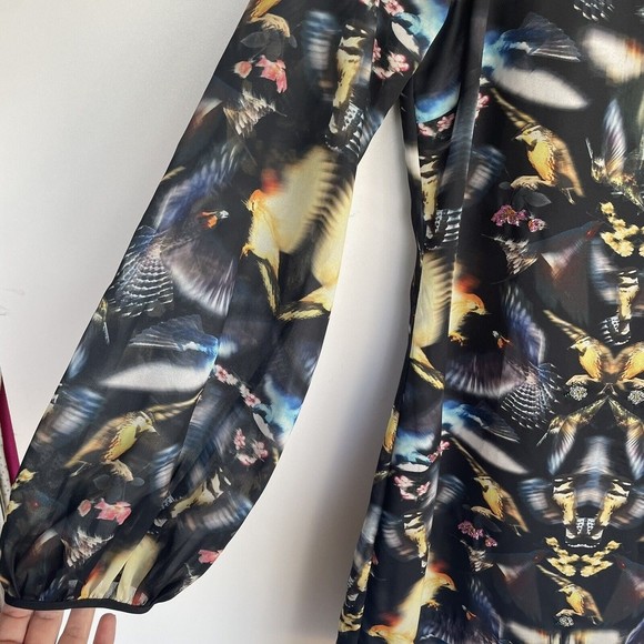 TED BAKER BLACK & MULTI COLOURED BIRD PRINT LONG SLEEVE DRESS SIZE 2 US 6 - Picture 5 of 10